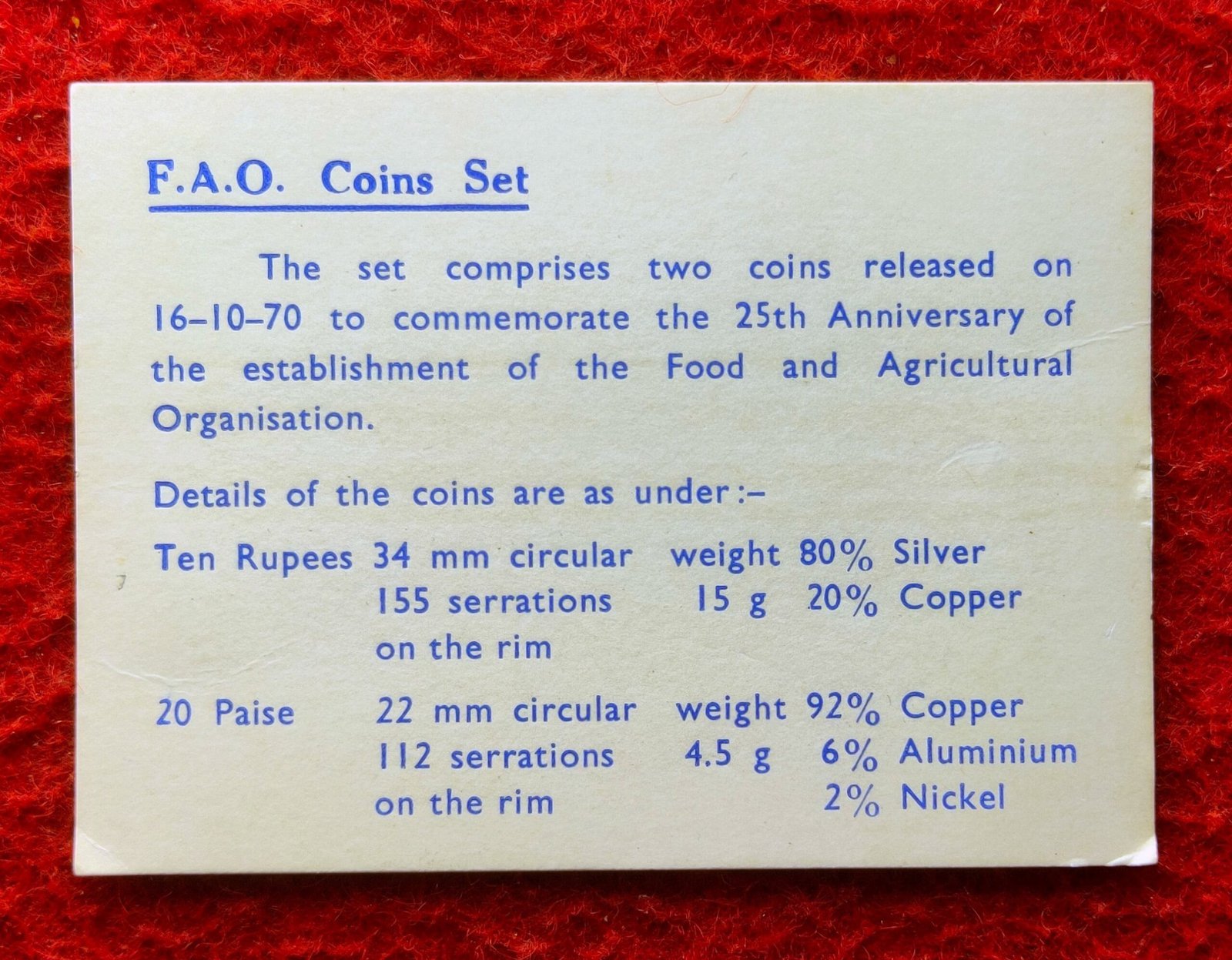 1970 - Food For All UNC 2 Coins Set (Rs.10, Ps.20) Bombay Mint - Image 4