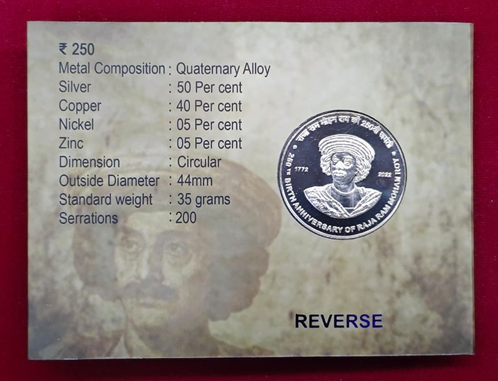2022 - 250th Birth Anniversary of Raja Ram Mohan Roy UNC 1 Coin Set (Rs 250) Kolkata Mint - Image 3